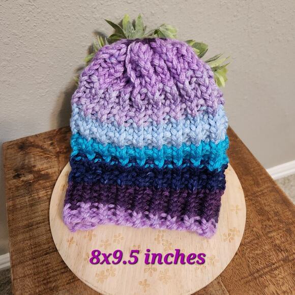 Handmade Blue and Purple Colorful Knit Stocking Cap - Picture 2 of 2